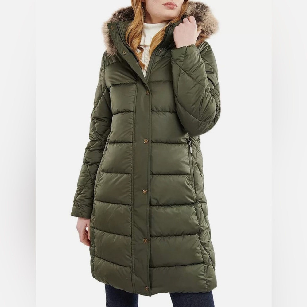 Barbour Olive Green Puffer Coat with Fur Trim